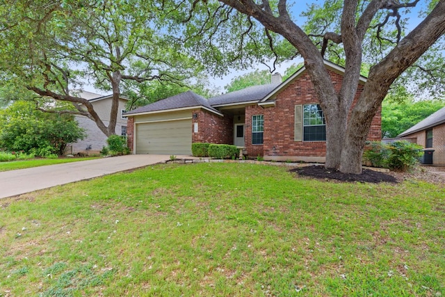 8104 Isaac Pryor Dr, Austin, TX 78749 - single story home with brick siding, a garage, concrete driveway, a chimney, and a front yard