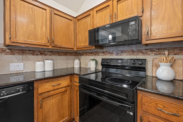 8104 Isaac Pryor Dr, Austin, TX 78749 - kitchen featuring brown cabinetry, dark stone counters, decorative backsplash, and black appliances