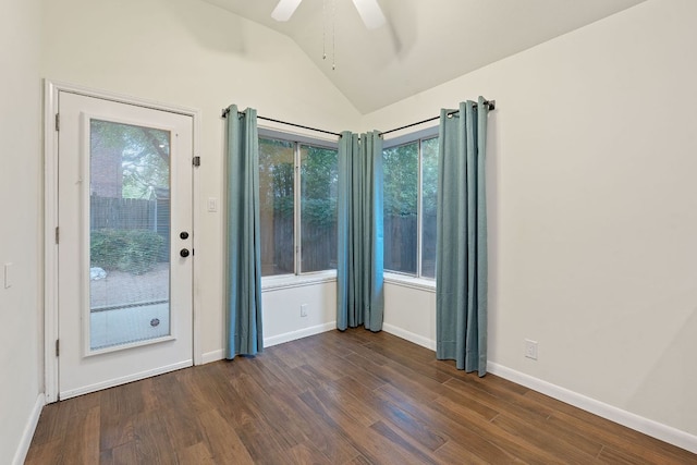 8104 Isaac Pryor Dr, Austin, TX 78749 - spare room featuring dark wood finished floors, lofted ceiling, baseboards, and ceiling fan