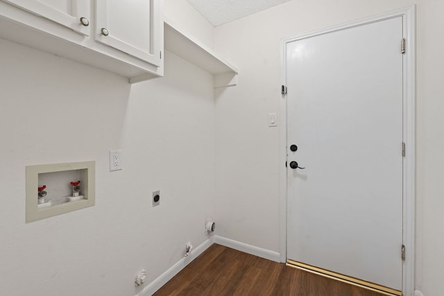 8104 Isaac Pryor Dr, Austin, TX 78749 - laundry area with hookup for an electric dryer, cabinet space, dark wood finished floors, baseboards, and washer hookup