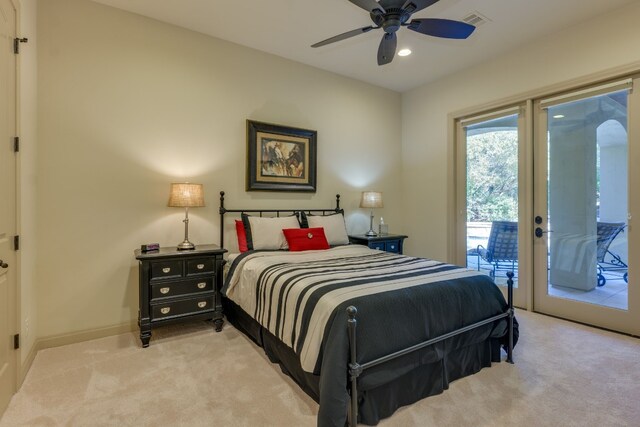 bedroom featuring light carpet, french doors, baseboards, access to exterior, and visible vents