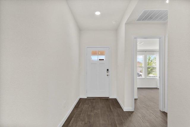 136 Medinah Ln, San Marcos, TX 78666 - entryway featuring baseboards, dark wood-type flooring, and visible vents