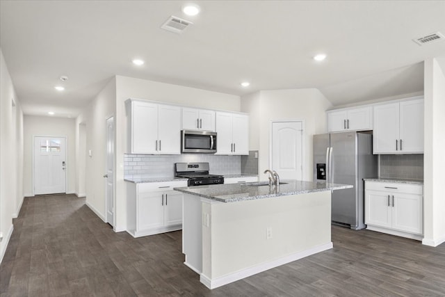 136 Medinah Ln, San Marcos, TX 78666 - kitchen with tasteful backsplash, dark wood-style floors, stainless steel appliances, and a sink