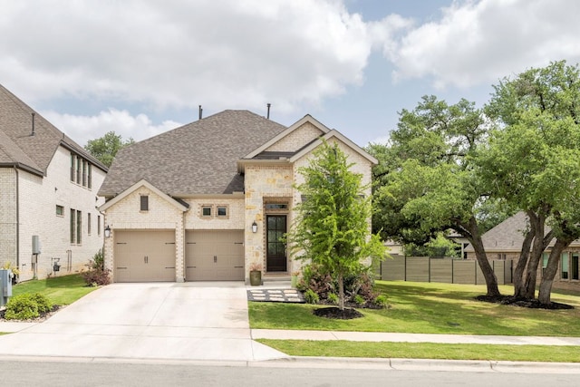 french country inspired facade featuring fence, a shingled roof, a front lawn, concrete driveway, and stone siding