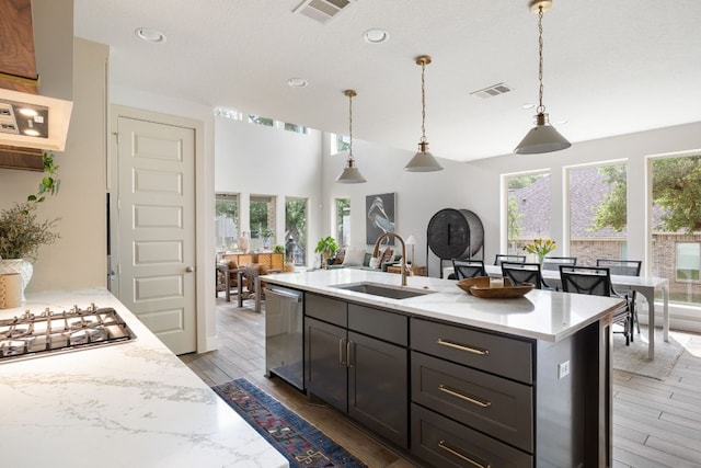 229 S Park Vis, Georgetown, TX 78628 - kitchen featuring appliances with stainless steel finishes, a sink, wood finished floors, decorative light fixtures, and recessed lighting
