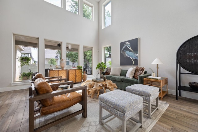 229 S Park Vis, Georgetown, TX 78628 - living area with plenty of natural light, a high ceiling, wood finished floors, and baseboards