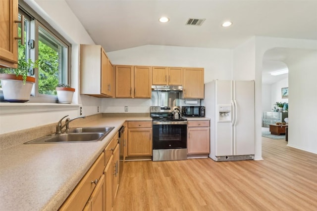 171 Calle Largo, Kyle, TX 78640 - kitchen with a sink, light wood-style floors, white fridge with ice dispenser, electric stove, and visible vents