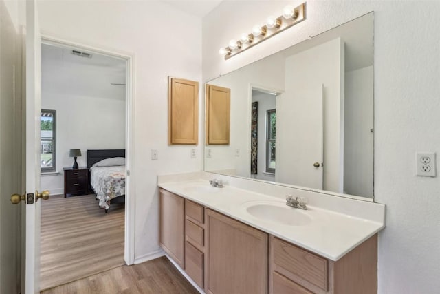 171 Calle Largo, Kyle, TX 78640 - full bathroom with a sink, ensuite bath, double vanity, baseboards, and wood finished floors