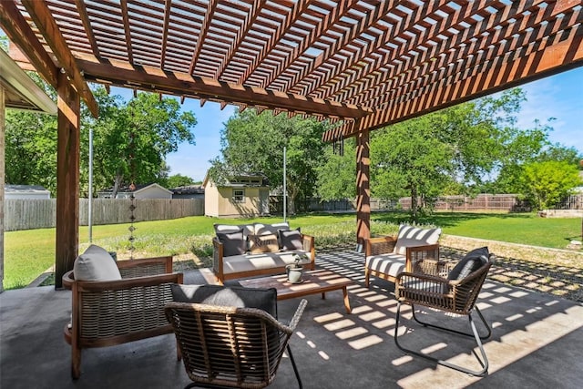 171 Calle Largo, Kyle, TX 78640 - view of patio featuring an outdoor hangout area, a storage unit, a pergola, and a fenced backyard