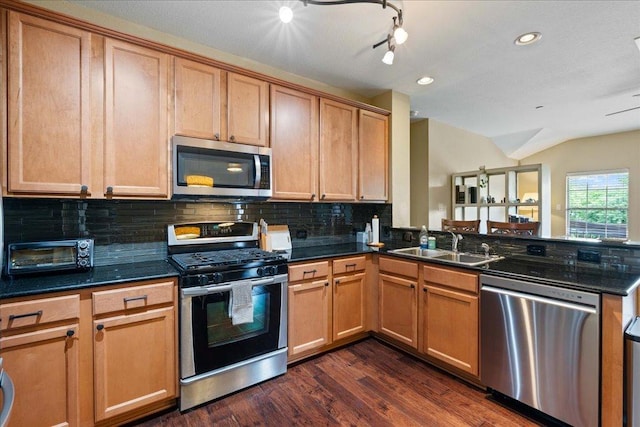 kitchen featuring a sink, decorative backsplash, a toaster, a peninsula, and appliances with stainless steel finishes