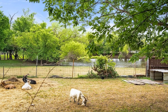 view of yard with fence and a water view