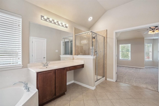 1124 Dyer Creek Pl, Round Rock, TX 78665 - full bathroom featuring a stall shower, a bath, tile patterned floors, vanity, and lofted ceiling