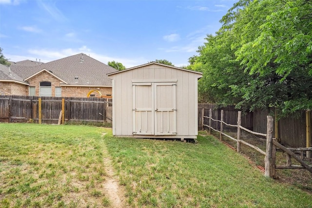 view of shed with a fenced backyard
