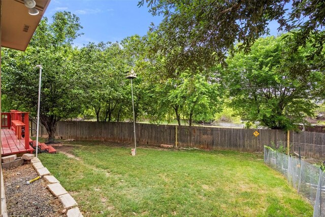 view of yard with a fenced backyard and a deck