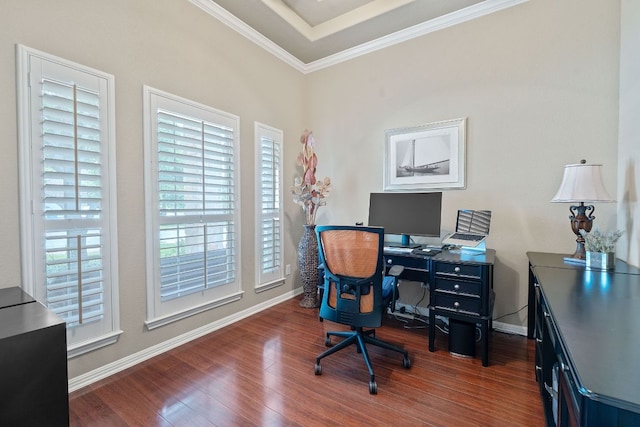 office featuring crown molding, baseboards, and wood finished floors