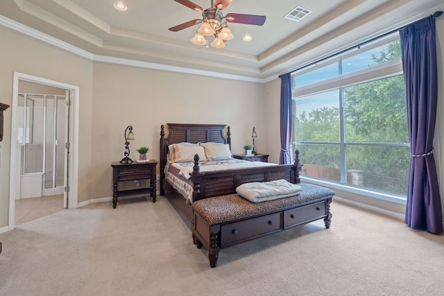 10033 Lisi Anne Dr, Austin, TX 78717 - bedroom with light carpet, a tray ceiling, multiple windows, ceiling fan, and recessed lighting