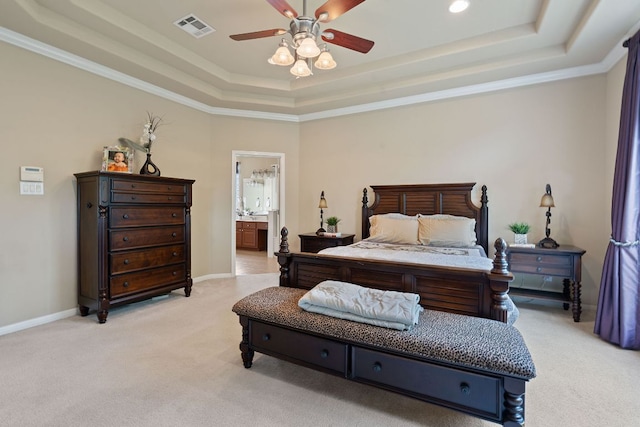 10033 Lisi Anne Dr, Austin, TX 78717 - bedroom featuring a raised ceiling, light colored carpet, crown molding, connected bathroom, and a ceiling fan