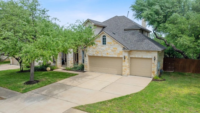 10033 Lisi Anne Dr, Austin, TX 78717 - view of front of house featuring stone siding, roof with shingles, driveway, an attached garage, and a chimney