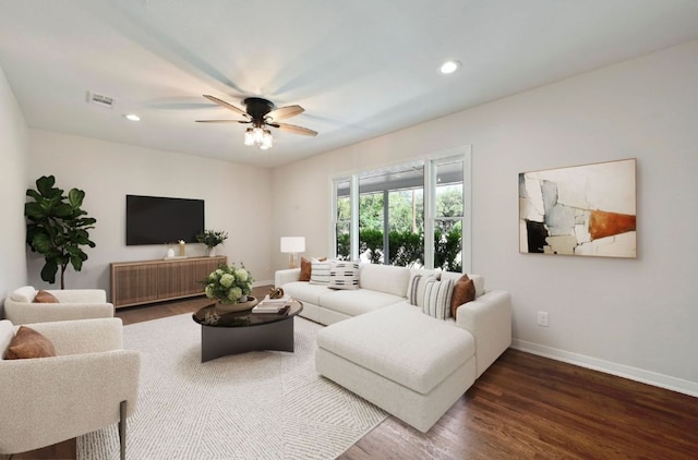 7611 Oak Hedge Pl, Austin, TX 78745 - living room with baseboards, ceiling fan, wood finished floors, and recessed lighting