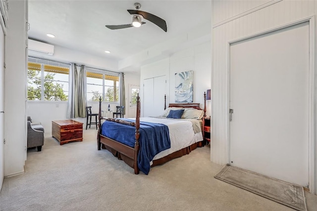 19519 Draper Mountain Trl, Lago Vista, TX 78645 - carpeted bedroom featuring a wall unit AC, a ceiling fan, and recessed lighting