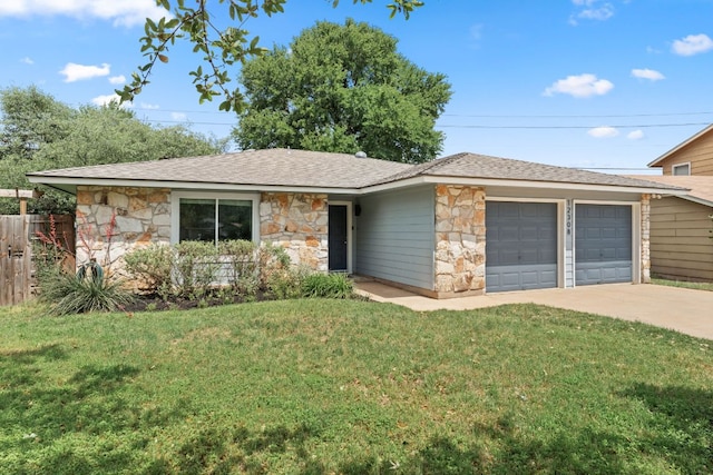 single story home featuring an attached garage, stone siding, a front lawn, and fence