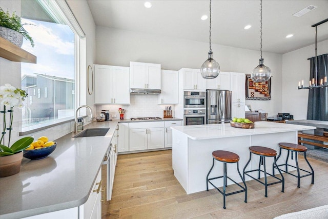 6229 Florencia Ln, Austin, TX 78724 - kitchen with appliances with stainless steel finishes, a breakfast bar, under cabinet range hood, light wood finished floors, and recessed lighting