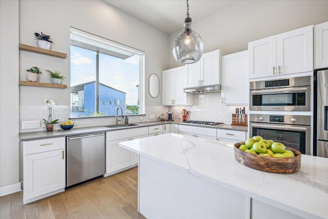 6229 Florencia Ln, Austin, TX 78724 - kitchen featuring stainless steel appliances, under cabinet range hood, decorative backsplash, and white cabinetry