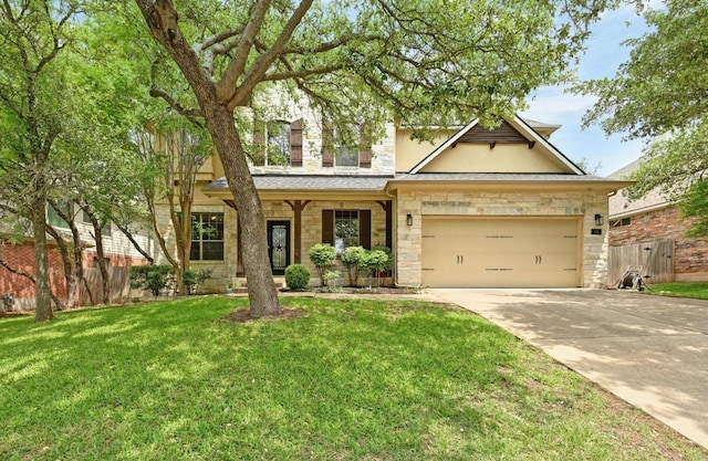 7716 Journeyville Dr, Austin, TX 78735 - traditional-style home with stone siding, concrete driveway, a garage, and stucco siding