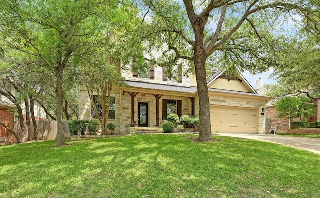 7716 Journeyville Dr, Austin, TX 78735 - view of front of property featuring stone siding, concrete driveway, a chimney, and an attached garage