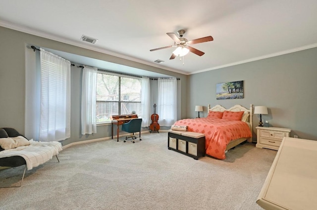 7716 Journeyville Dr, Austin, TX 78735 - bedroom featuring ornamental molding, light colored carpet, an office area, and ceiling fan