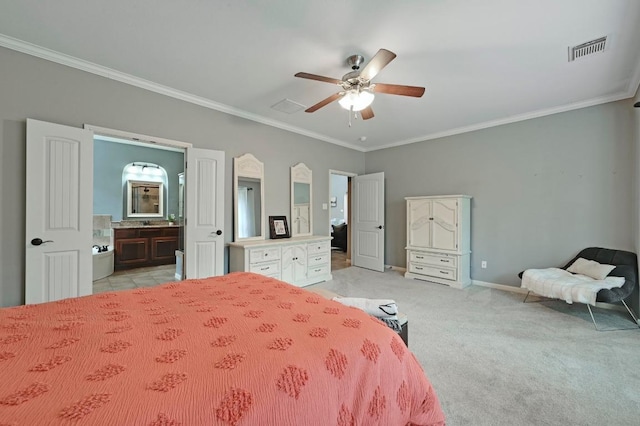 7716 Journeyville Dr, Austin, TX 78735 - bedroom featuring crown molding, light colored carpet, baseboards, ensuite bath, and a ceiling fan