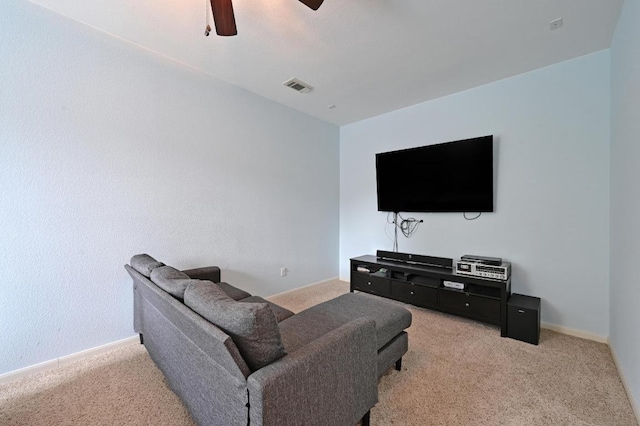 7716 Journeyville Dr, Austin, TX 78735 - living room with light colored carpet, a ceiling fan, and baseboards