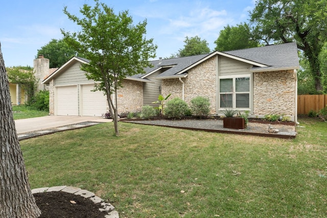 4302 Red Cloud Dr, Austin, TX 78759 - mid-century modern home featuring stone siding, a garage, and a shingled roof