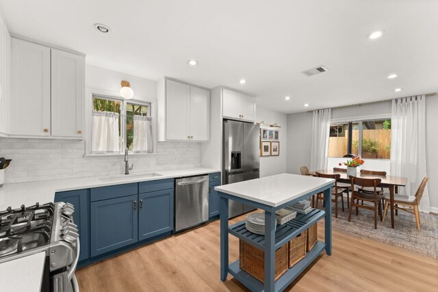 4302 Red Cloud Dr, Austin, TX 78759 - kitchen with appliances with stainless steel finishes, a sink, blue cabinetry, white cabinetry, and backsplash
