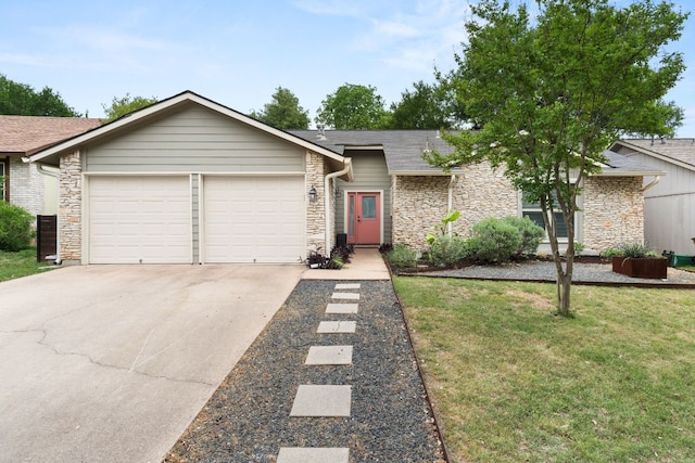 4302 Red Cloud Dr, Austin, TX 78759 - view of front of house with stone siding, a garage, driveway, a front yard, and a shingled roof