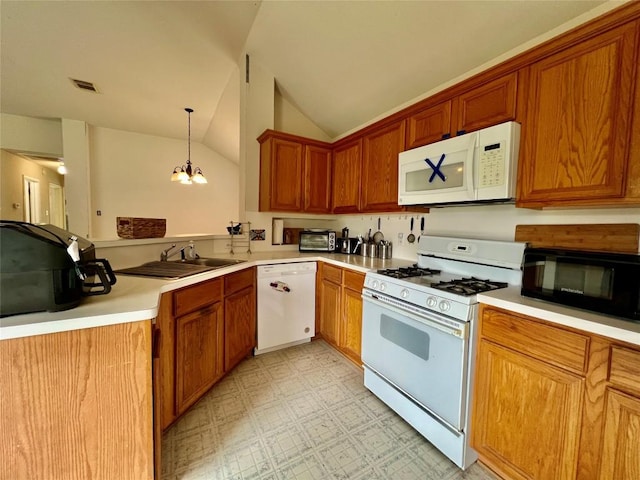 3622 Cheyenne St, Round Rock, TX 78664 - kitchen featuring white appliances, a sink, lofted ceiling, light countertops, and a chandelier