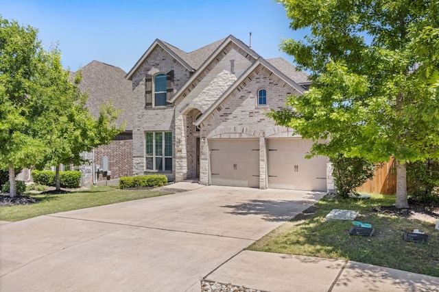5609 Traviston Ct, Austin, TX 78738 - french country home with concrete driveway, a garage, stone siding, brick siding, and roof with shingles