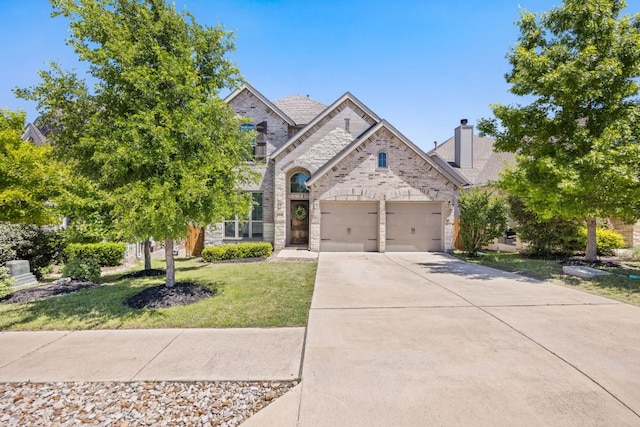 5609 Traviston Ct, Austin, TX 78738 - french provincial home with stone siding, concrete driveway, a front yard, a chimney, and a garage