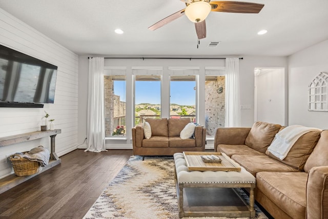 5609 Traviston Ct, Austin, TX 78738 - living room with recessed lighting, ceiling fan, and dark wood-style flooring