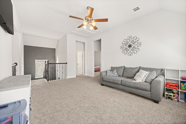 5609 Traviston Ct, Austin, TX 78738 - carpeted living area with ceiling fan and lofted ceiling