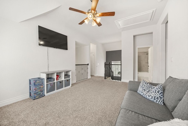 5609 Traviston Ct, Austin, TX 78738 - living area featuring attic access, lofted ceiling, carpet floors, and a ceiling fan