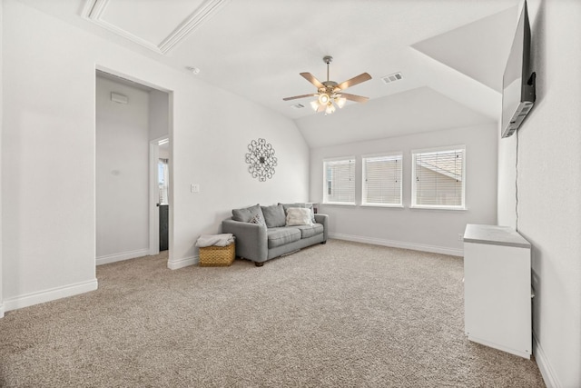 5609 Traviston Ct, Austin, TX 78738 - carpeted living room with ceiling fan, attic access, and lofted ceiling