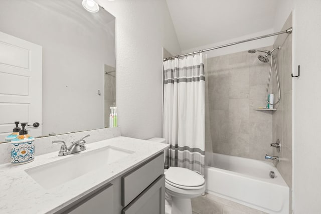 5609 Traviston Ct, Austin, TX 78738 - full bath featuring vanity, shower / tub combo with curtain, tile patterned flooring, and vaulted ceiling