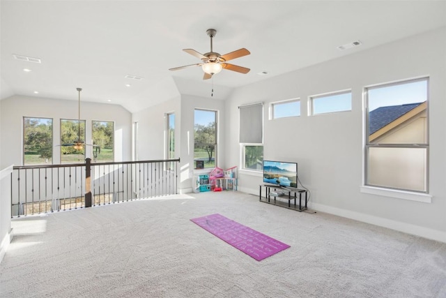 244 Diamondback Dr, Georgetown, TX 78628 - game room featuring a ceiling fan, carpet, lofted ceiling, baseboards, and recessed lighting