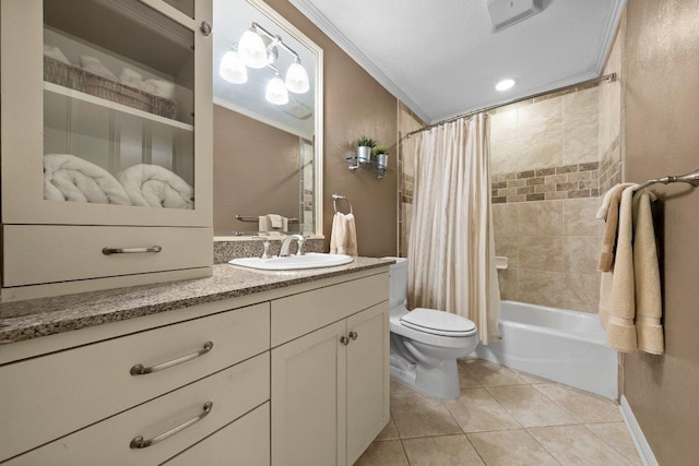 4101 Galacia Dr, Austin, TX 78759 - bathroom featuring crown molding, vanity, tile patterned flooring, and shower / bathtub combination with curtain