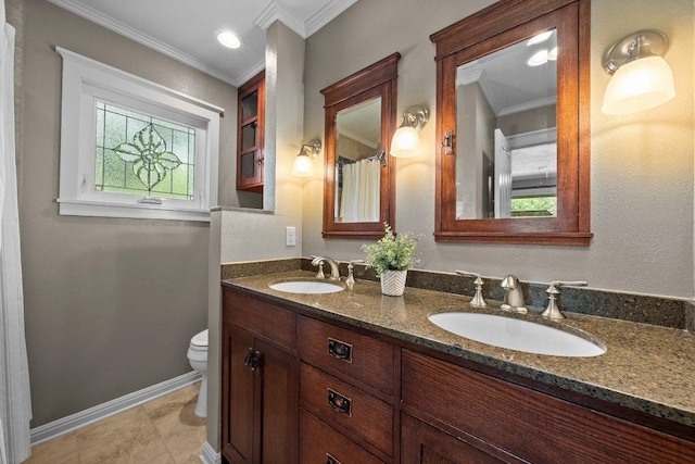 4101 Galacia Dr, Austin, TX 78759 - full bath featuring double vanity, crown molding, and tile patterned flooring