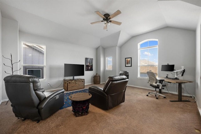 1404 Jenkins Bnd Unit 11, Austin, TX 78748 - living area featuring a desk, a ceiling fan, carpet, vaulted ceiling, and cooling unit