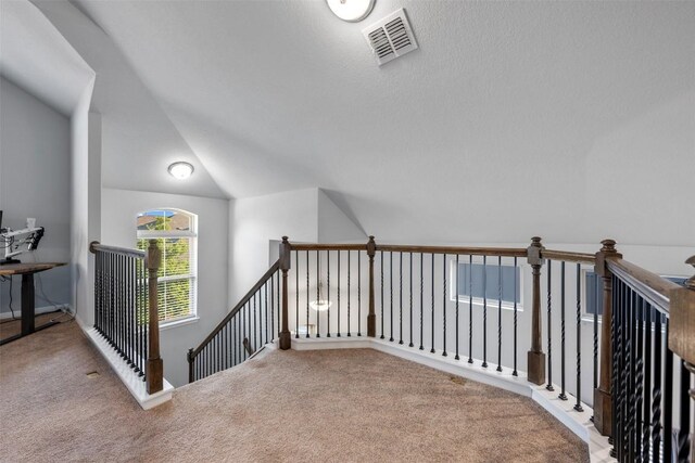 1404 Jenkins Bnd Unit 11, Austin, TX 78748 - hall featuring carpet, an upstairs landing, and vaulted ceiling