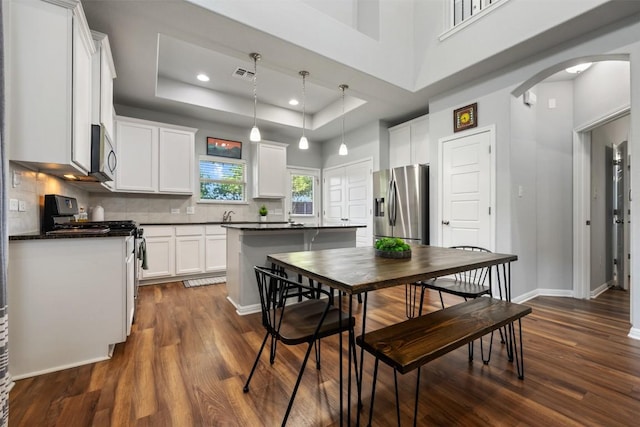 1404 Jenkins Bnd Unit 11, Austin, TX 78748 - kitchen featuring stainless steel appliances, dark countertops, a raised ceiling, dark wood finished floors, and arched walkways