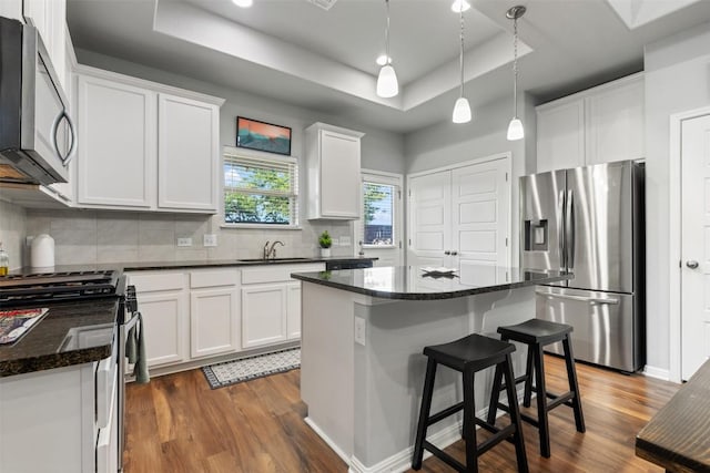 1404 Jenkins Bnd Unit 11, Austin, TX 78748 - kitchen with stainless steel appliances, a tray ceiling, dark wood finished floors, backsplash, and white cabinetry